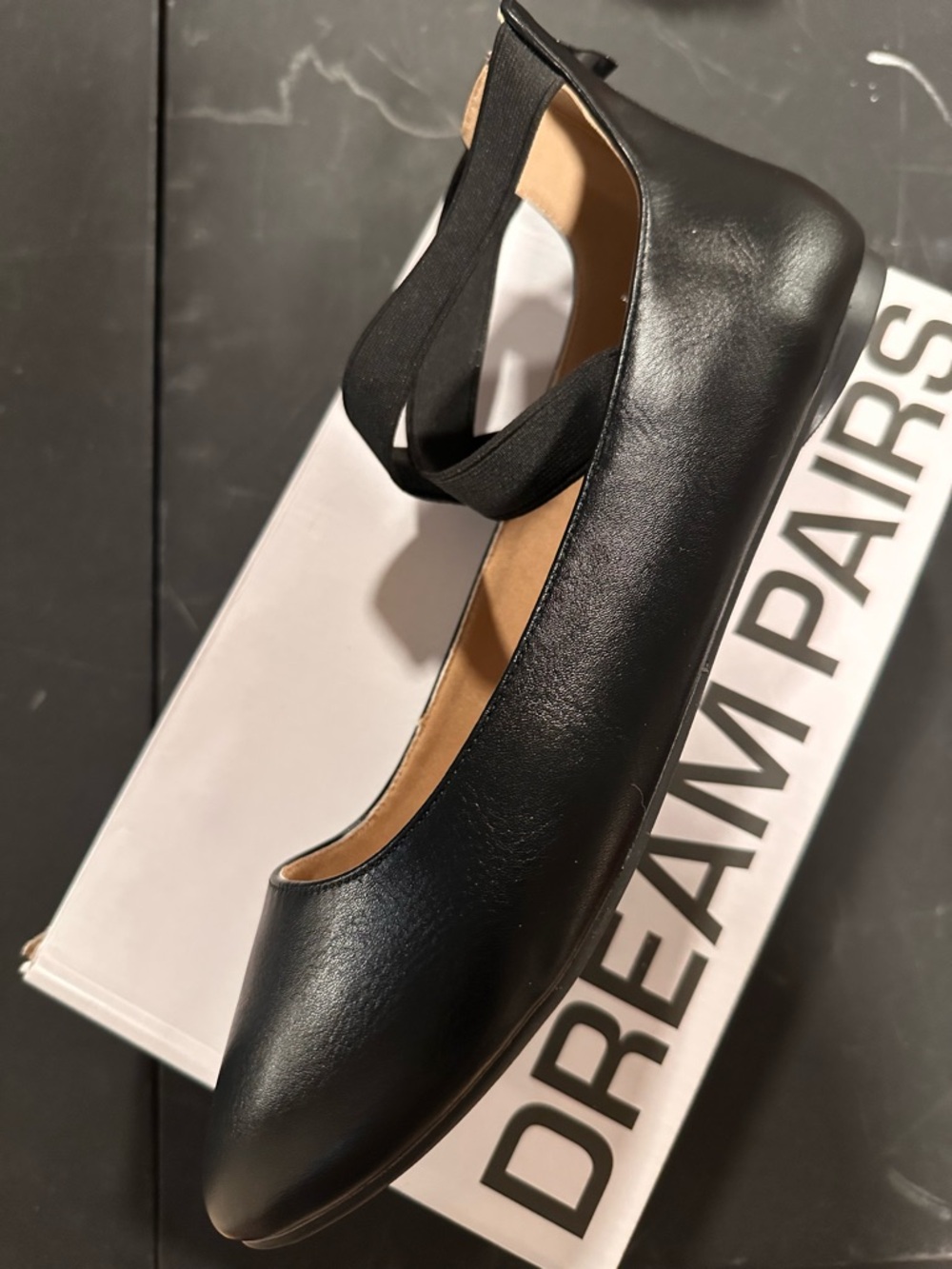 Dream Pairs Black Leather-Look Ballet Flat with Cross Elastic